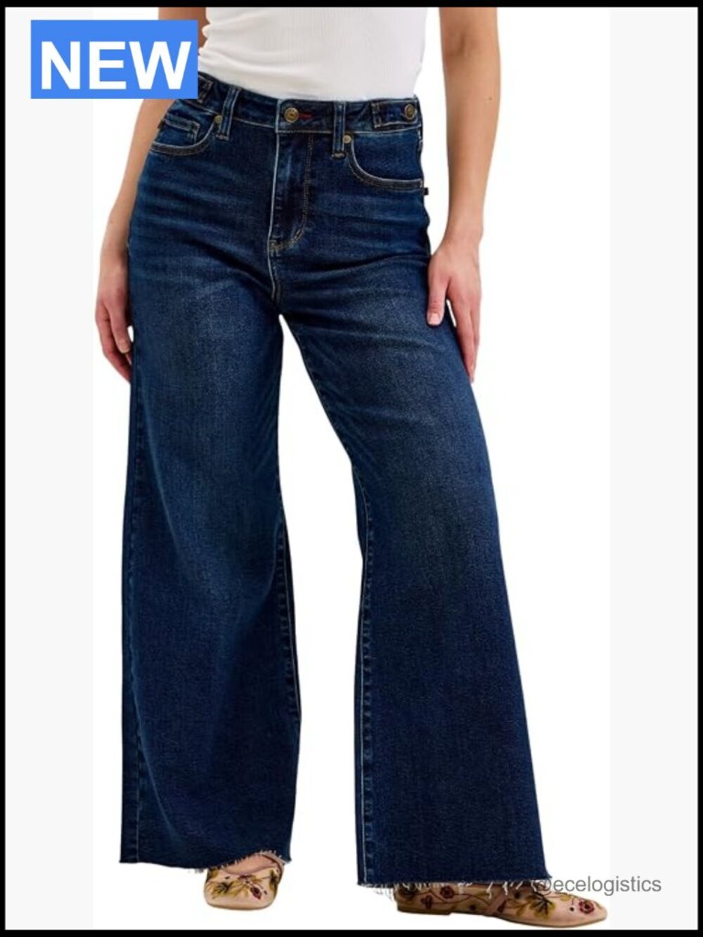High Rise Retro Wide Leg Jeans with Adjustable Waist & Raw Hem